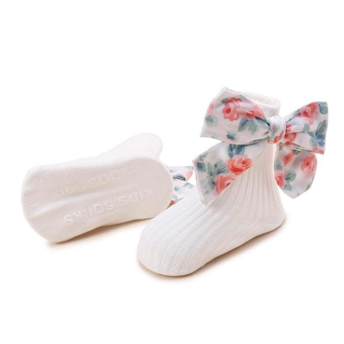 cherrboll Baby Girl Headbands and Socks Set, 3Pcs Soft Floral Hairbands Hair Bows Knit Socks for Newborn Infants Toddlers Photography Props Gifts