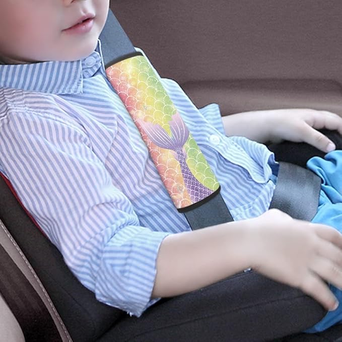 ENLACHIC Baby Car Seat Belt Cover, Cute Dinosaur Print Car Seat Shoulder Strap Pads, Infant Car Seat Cushion Safety Seatbelt Protector for Kids Boys Girls,Rainbow Mermaid Scale