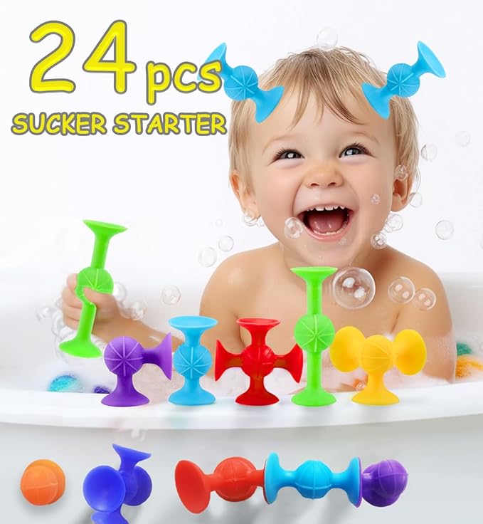 Suction Bath Toys for Baby, 24 Piece Starter Set Suction Cup Toys Stocking Stuffers Preschool Sensory Fidget Toys for Toddlers 1-3 4-8 | No Hole Bath Toy | BPA Free OT(Large)