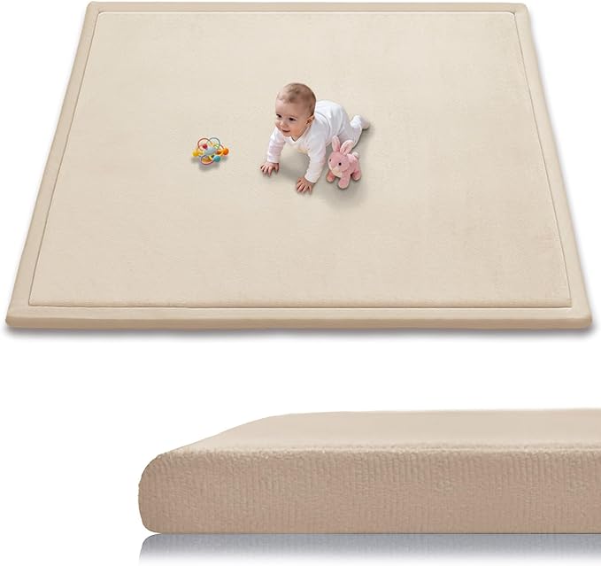 Baby Play Mat for Floor, 1.3 Inch Thick Memory Foam Tummy Time Mat with Non Slip Backing, Soft Coral Velvet 50×50 Inch Playpen Mat Crawling Tatami for Infants Toddlers Kids, Beige