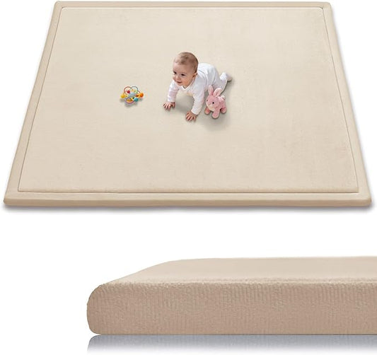 Baby Play Mat for Floor, 1.3 Inch Thick Memory Foam Tummy Time Mat with Non Slip Backing, Soft Coral Velvet 50×50 Inch Playpen Mat Crawling Tatami for Infants Toddlers Kids, Beige