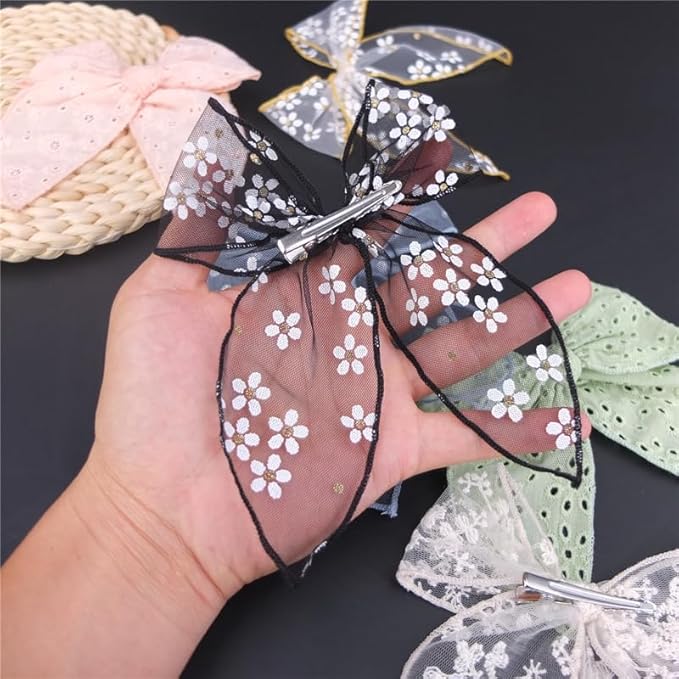 Lightweight Gauze Hair Barrettes with Lace Bows for Baby Girls, Women - Cottagecore Accessories (8 Pack Fable Bow)
