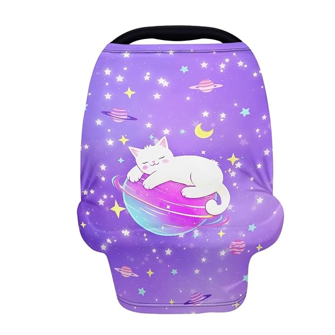 GIFTPUZZ White Cat Baby Car Seat Cover, Breastfeeding Scarf, Nursing Cover Stretchy Breathable Adjustable Infant Newborn Car Cover Protection, Infant Stroller Covers, Carseat Canopy