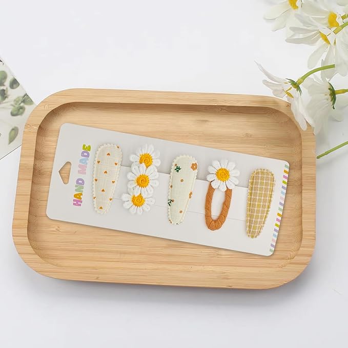 Baby Hair Clips & Toddler Hair Clips 5-Piece Set - 4 Snap Barrettes & 1 Fabric Duckbill Clip, Fresh Meadow Floral Design in Beige & Yellow - Enhance Your Child's Natural Beauty