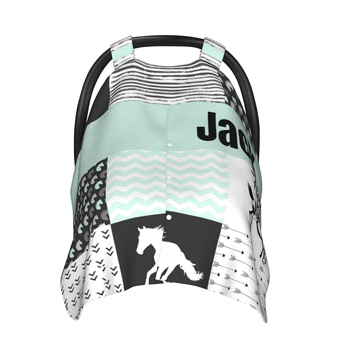 Personalized Running Horse Baby Car Seat Canopy for Babies with Name, Custom Baby Car Seat Covers for Boys and Girls, Opening Minky Nursing Breastfeeding Cover Infant Carseat Canopies for Newborn