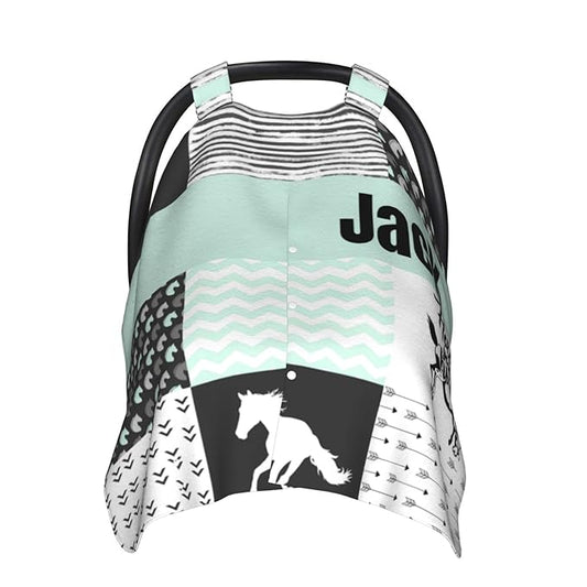 Personalized Running Horse Baby Car Seat Canopy for Babies with Name, Custom Baby Car Seat Covers for Boys and Girls, Opening Minky Nursing Breastfeeding Cover Infant Carseat Canopies for Newborn