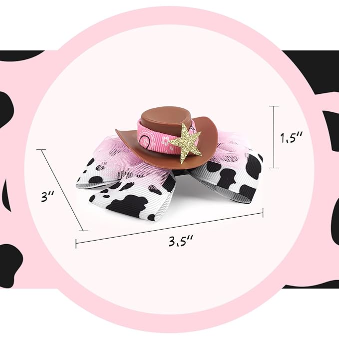 YanJie 3.5’’ Cowgirl Hat Bow Clips for Girls Western Hair Accessories Rodeo Outfit Cow Print Bows for Girl Birthday Gifts Back to School Clip