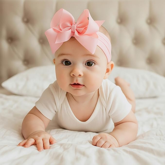 Tucnoeu 3pcs Baby Girl Headbands with Bows - Soft Stretchy Newborn Bows for Girls, Infant Toddler Hair Accessories White/Pink/Frosty White