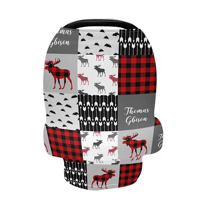 Personalized Baby Car Seat Cover for Boys Girls, Custom Nursing Covers for Breastfeeding with Name, Infant Stroller Cover, Baby Carseat Canopy for Newborn, Multiuse Car Seat Canopies, Red Plaid Deer
