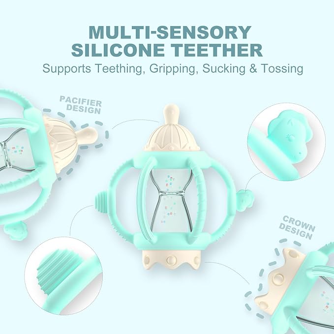 Teething Rattles for Babies 0-6 Months 6-12 months, Silicone Rattle Teether with Pacifier, Baby Montessori Toys 6-18 Months, Infant & Toddler Molar Teething Relief, Boys Girls Essential Gifts (Mint)