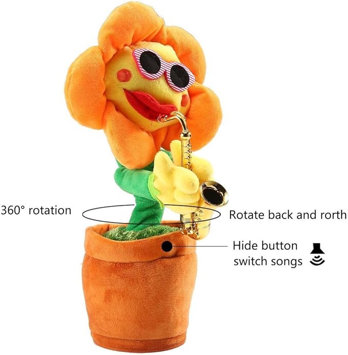 Musical Singing Dancing Repeating Talking Sunflower Soft Plush Funny Creative Saxophone Kids Toy(Yellow)