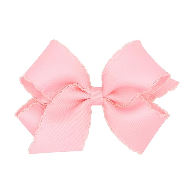 Wee Ones Girls' Classic Grosgrain Moonstitch Edge Hair Bow, No-Slip Hair Clip, Handmade, Light Pink, Medium