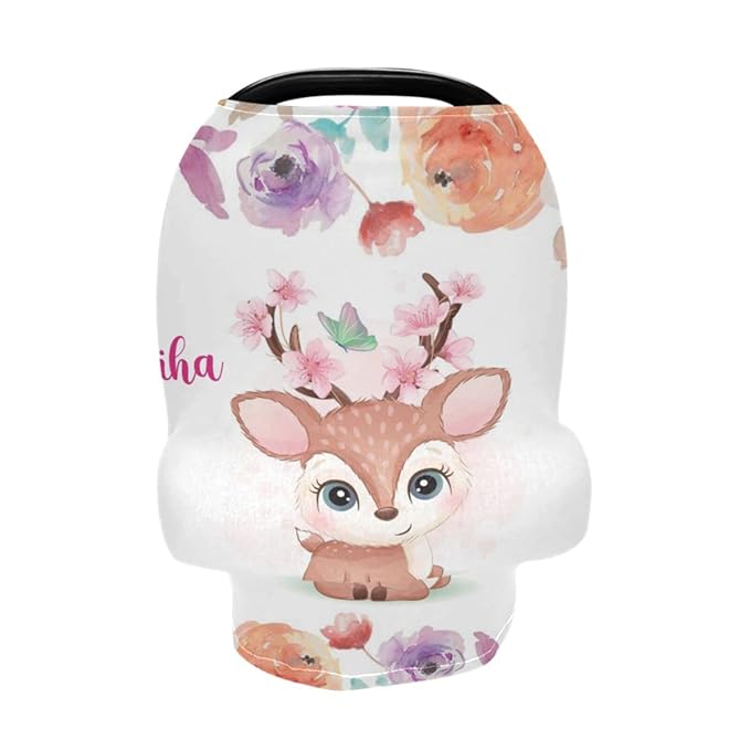 Personalized Baby Car Seat Covers with Name, Custom Nursing Cover Breastfeeding for Babies, Carseat Canopy for Girls, Infant Stroller Cover for Winter, Breathable Carseats Cover (Little Cute Deer)