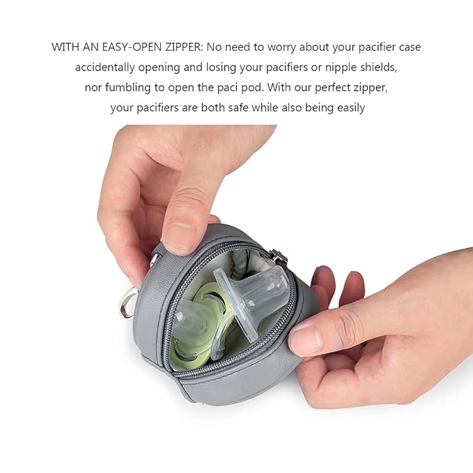 MOMIGO Pacifier Case Bag - Leather Pacifier Holder with Clip for Diaper Bag Stroller Purse Charm, Holds 2 Pacifiers Outdoor Travel (Grey)