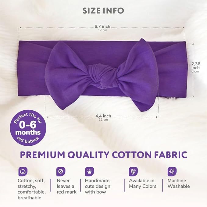 Baby Girl Headbands 0–6 Months – Newborn Infant Soft Cotton Handmade Bow Headband, Stretchy No Mark Baby Hair Accessories (Purple, 0-6 Month)