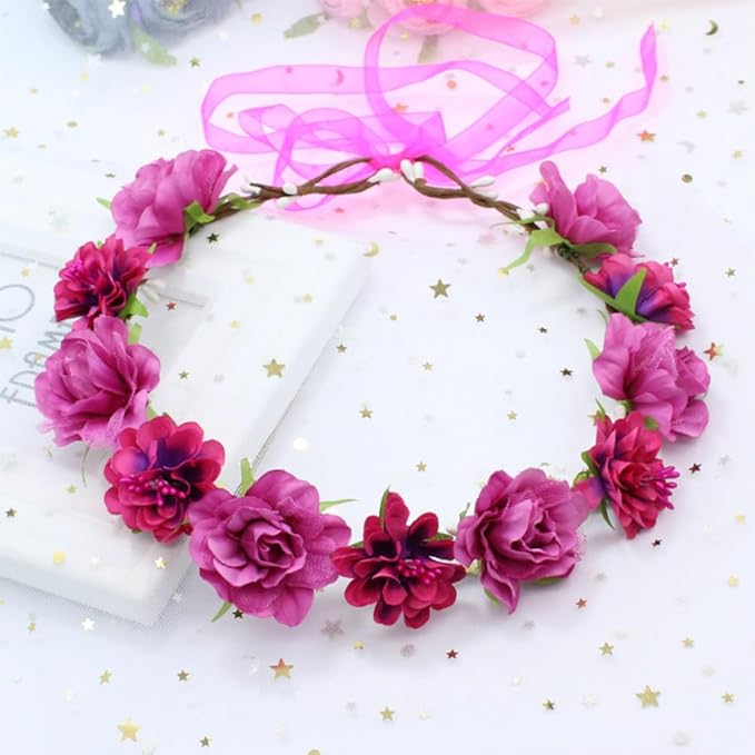 AKOAK 1 Pack Flower Crown, Bohemian Wreath for Girls Floral Tiara, Wedding Headband, Bride Bohemian Wreath/Baby Shower/Photo/Toddler (Rose Red)