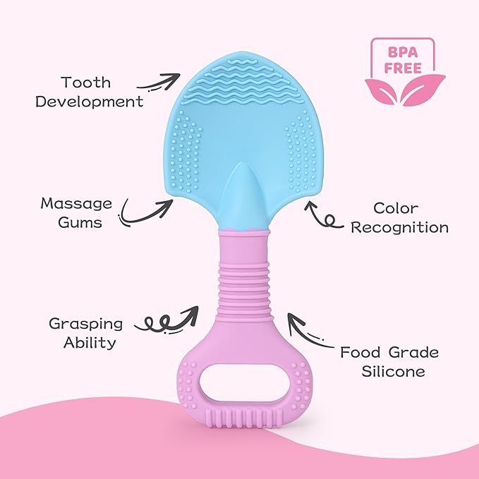 Baby Teething Toys, Baby Teether Toys Shovel & Rake Silicone Teethers for Babies 0-6 Months 6-12 Months, Multi-Texture Gum Massage Teething Relief Easy Grip for Infants Newborn Toddler, 2 Pack