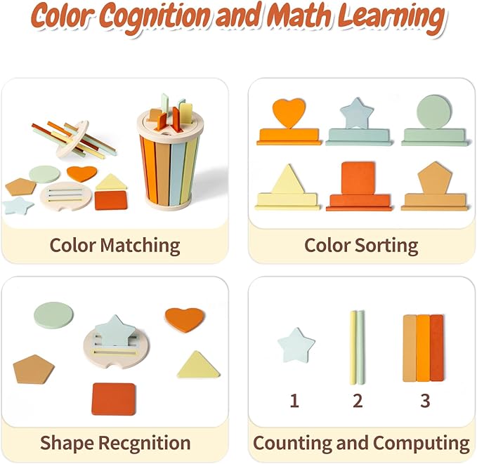 Montessori Toys for 1 2 3 Year Old, 3 in 1 Wooden Learning Color Sorting Toys for Toddlers 12-36 Month Old, Wooden Educational Toy, Fine Motor Developmental Sensory Matching Games