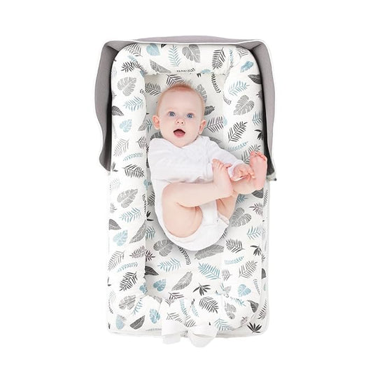 Portable Baby Lounger, Soft Baby Nest Cover Breathable Cotton Fabric, Adjustable Infant Lounger for Baby, Adjustable Size and Strong Zipper, Extended Space for Newborn 0-24 Months, Leaf