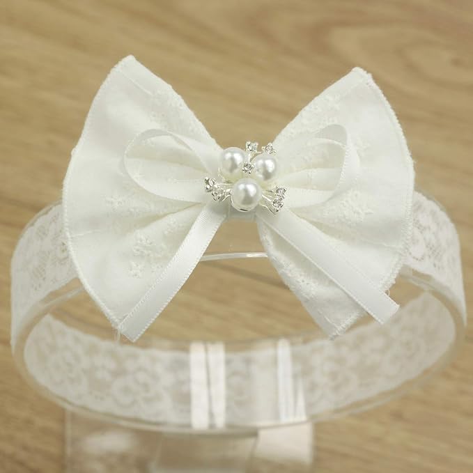 Baby Bow Headband for Baptism Christening Lace Hair Band (0-6 months,A-off white bow with imitation pearl)
