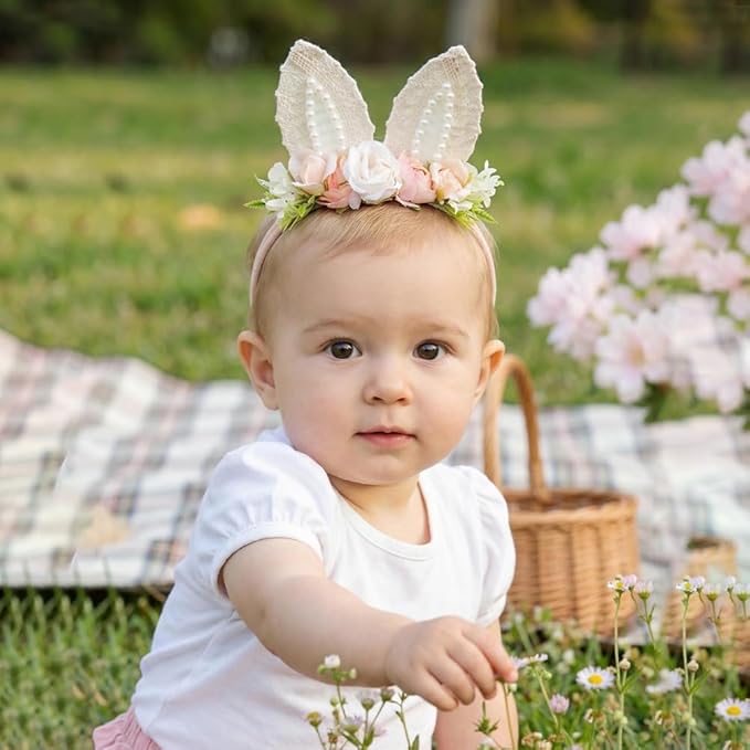 KIDOCHEESE Baby Girl Floral Easter Bunny Ears Headband Rabbit Ears Nylon Hairband for Newborn Infant Toddler Easter Hair Accessories Gift