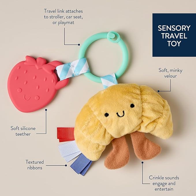 Itzy Ritzy Infant Toy & Teether - Itzy Pal Baby Teething Toy Includes Lovey, Crinkle Sound, Textured Ribbons & Silicone Teether for Newborn (Croissant)