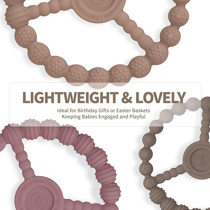 Baby Teething Rings 3-6 Months, 3 Pack Silicone Ring Teether Toys for Babies 0-6 & 6-12 Months Chewing Relief, Freezable & Easy Grip, Infant Essentials, Boys & Girls Gifts (Clay DustyRose Brown)