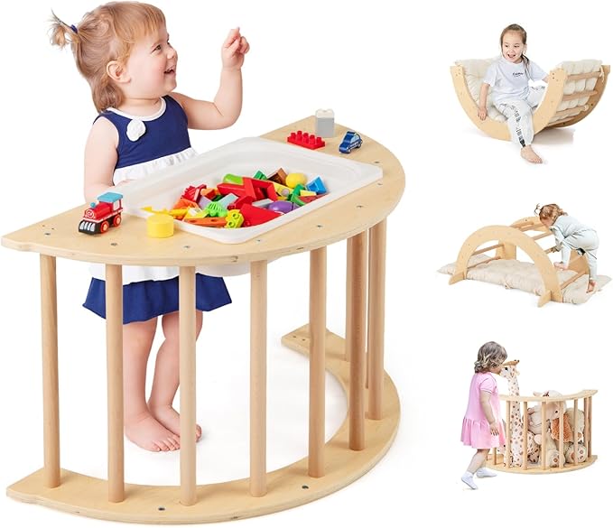Costzon Wooden Arch Sensory Table for Kids, 6-in-1 Toddler Indoor Montessori Climbing Toys with Cushion, Foldable Storage Bin, Arch Climber Ladder Learning Playset for Kids Gift Presents