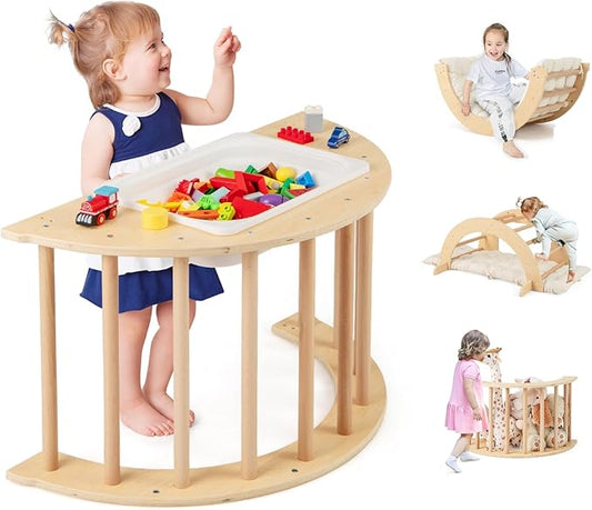 Costzon Wooden Arch Sensory Table for Kids, 6-in-1 Toddler Indoor Montessori Climbing Toys with Cushion, Foldable Storage Bin, Arch Climber Ladder Learning Playset for Kids Gift Presents