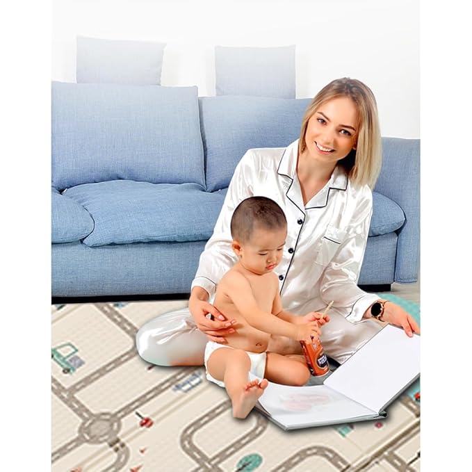 Baby Play Mat for Floor 79 x 71”Reversible Foldable Foam Extra Large Thick Foam Playmat Babies Waterproof Crawling Mat for Infants Toddlers and Kids Indoor Outdoor Use (Car and Animals)