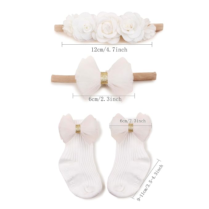 cherrboll Baby Girl Headbands and Socks Set, 3Pcs Soft Floral Hairbands Hair Bows Knit Socks for Newborn Infants Toddlers Photography Props Gifts