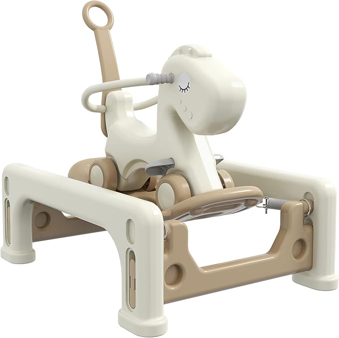 Qaba 5 in 1 Kids Rocking Horse for Toddlers, Kids Spring Rocking Toy Balance Bike Push Cart with Detachable Base, Horse-Shaped Rocker with Safety Guardrails, Footrests, Push Handle, Cream White