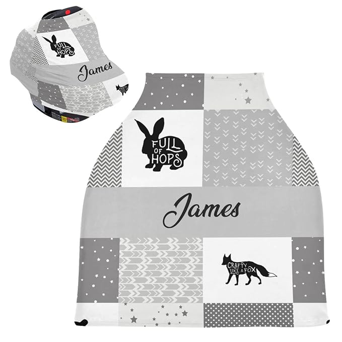 Personalized Baby Name Car Seat Covers for Girls Boys Babies Infant - Customized Cartoon Animal Nursing Cover Breastfeeding Scarf, Multiuse Carseat Cover, Infant Car Canopy