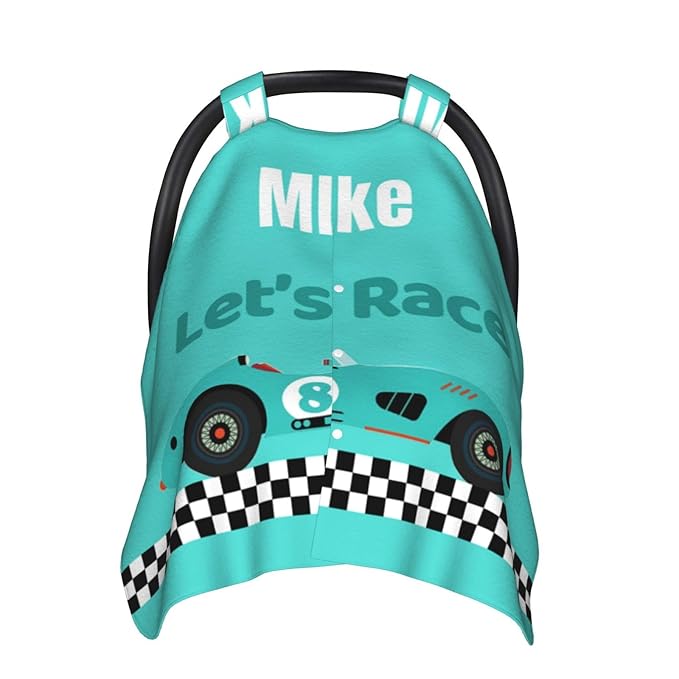 Custom Baby Car Seat Canopy for Babies with Name, Personalized Race Car Baby Car Seats Covers for Boys, Opening Minky Nursing Breastfeeding Stroller Cover Infant Carseat Canopies for Newborn