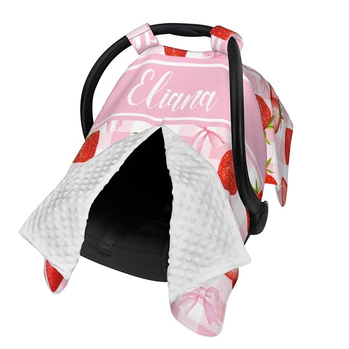 Pink Bow & Strawberry Personalized Baby Car Seat Canopy – Custom Name Minky Opening Nursing Cover, Infant Carseat & Stroller Cover for Newborn Baby Girls Gift