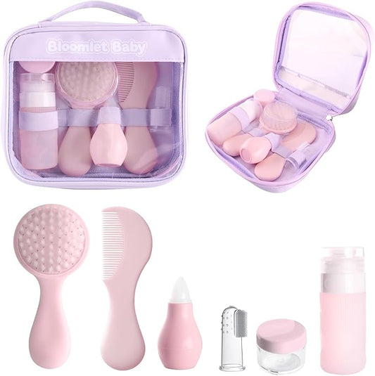 Baby Care Kit, Baby Grooming Kit,6-Piece Newborn Grooming Set with PP Baby Comb & Brush, Silicone Nasal Aspirator, Travel Bottles (60ml/20ml), Toothbrush, Newborn Care Set (Pink)