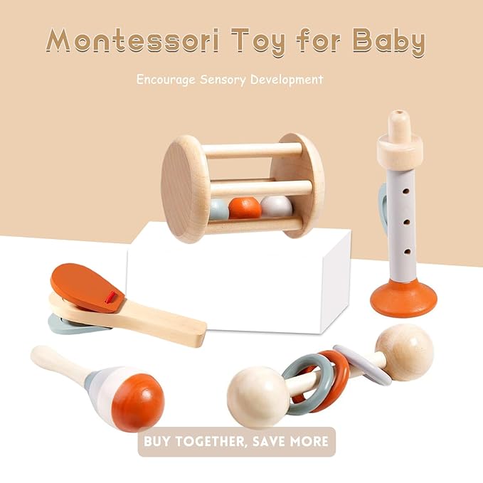 Wooden Baby Rattle, Organic Colorful Baby Rattles Set, Toddler Hand Wooden Rattles Toy Set for Infant Grasping, Sensory Development, Gift for Baby Boys Girls