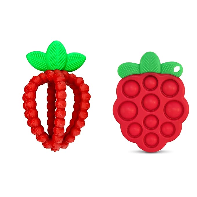RaZbaby Silicone Infant and Baby Teething Toy Bundle - 3m+ - Soothe Sore Gums Back & Front with Natural Fruit Shape Designs