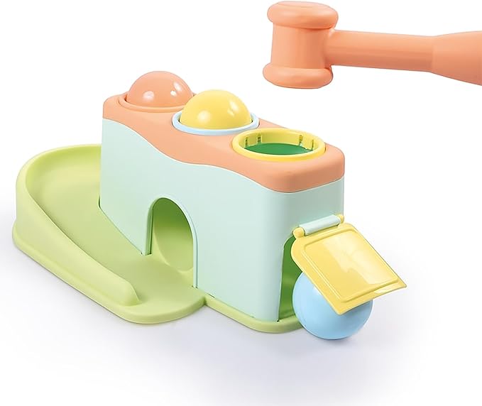 DOLU: Rolling Balls - Pound & Play Toy, Bench w/Exciting Roll Ramp, Hammer Mallet, 3 Balls, Soft Pastel Colors, Push & Grab, Kids & Toddlers 18mo+