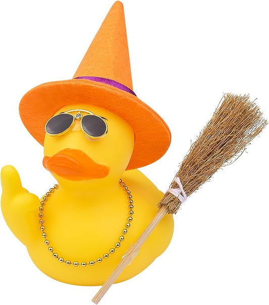 Halloween 3.15" Fun Rubber Duck Witch Duck Car Dashboard Decorations Halloween Witch Hat Broom Sunglasses Necklace for Car Home for Office Accessories