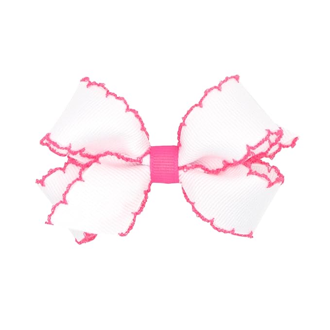 Wee Ones Girls' Classic Grosgrain Moonstitch Edge Hair Bow, No-Slip Hair Clip, Handmade, White with Hot Pink, Mini