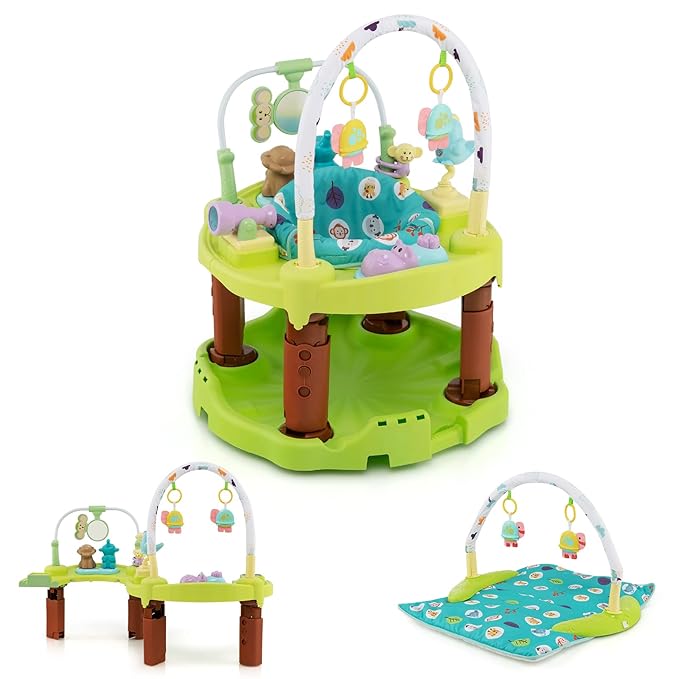 GLACER 3-in-1 Baby Activity Center, Toddler Play Center w/Bouncing Saucer, Activity Table & Play Mat, Folding Infant Learning Center w/ 3-Level Adjustable Height for 6-12 Months, Green