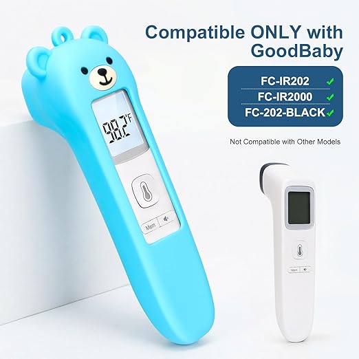 Cute Bear Silicone Thermometer Case Compatible with GoodBaby No-Touch Thermometer, Soft Anti-Drop Protective Cartoon Animal Cover Helps Calm Babies During Temperature Checks - Blue