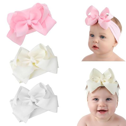 Tucnoeu 3pcs Baby Girl Headbands with Bows - Soft Stretchy Newborn Bows for Girls, Infant Toddler Hair Accessories (White, Ivory, Pink)
