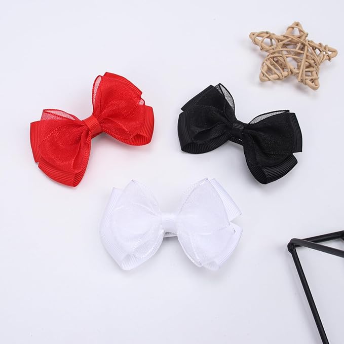 Tiny 3 Inch Organza Double Hair Bow Clips - Lined Boutique Alligator Hairpin for Baby Girls, Toddlers, and Little Teens - Kids Barrettes Set of 2 Small Stylish (Red)