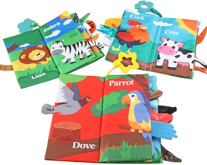 Baby Cloth Book Toys with Tails, Stroller Soft Toys for Infant Baby 0-18 Months (Forest Animals)
