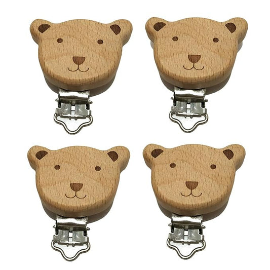 10pcs Natural Wood Suspender Pacifier Clips Cute Beech Wooden Animal Bear Shape Clips DIY Beading Pacifier Chain Accessory