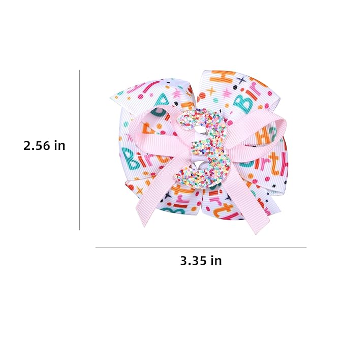 3.5" Glitter Happy Birthday Hair Bow Clips for Baby Girls 1-6 Ages Cute Pink Sprinkle Confetti Ice Cream Party Dress Pigtail Decoration Accessories Gift for Her 3rd Birthday