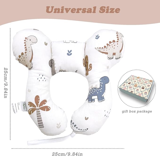 Toddler Travel Comfort Pillow for Car Seat & Stroller, Baby Reversible U-Shaped Seat Accessory, Cartoon Dinosaur
