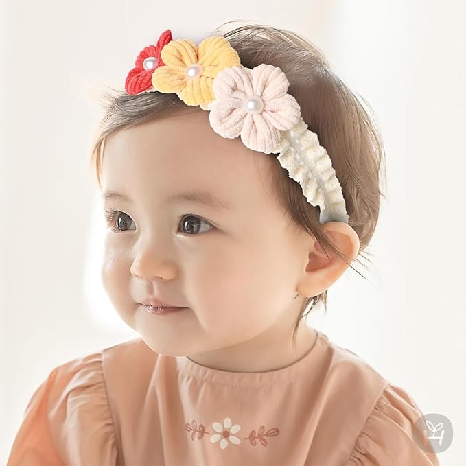 Handmade Baby Girl Headbands in Beige and Pink Lace Flowers for Newborns and Toddlers Cute Baby Girl Flowers and Newborn Headbands (Red yellow and pink flowers, One Size)